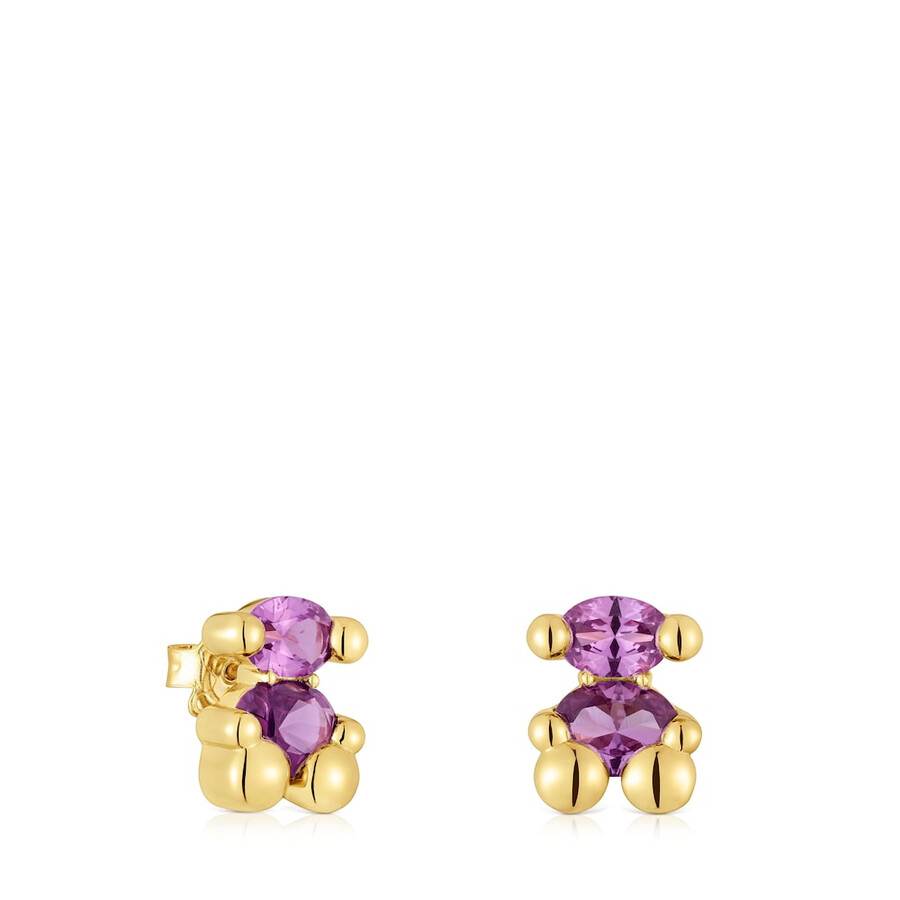 orecchini con motivo a orso placcato in oro 18kt da 13 mm su argento con zaffiro color lilla coltivato in laboratorio color bear lgg