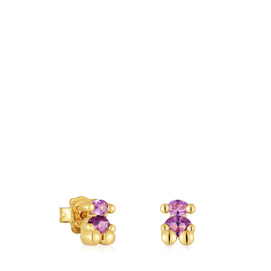 orecchini con motivo a orso placcato in oro 18kt da 8 mm su argento con zaffiro color lilla coltivato in laboratorio color bear lgg