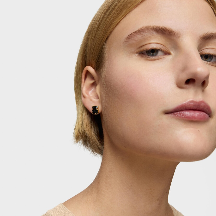 orecchini tous icon color placcati in oro 18kt da 10 mm su argento e onice con orso