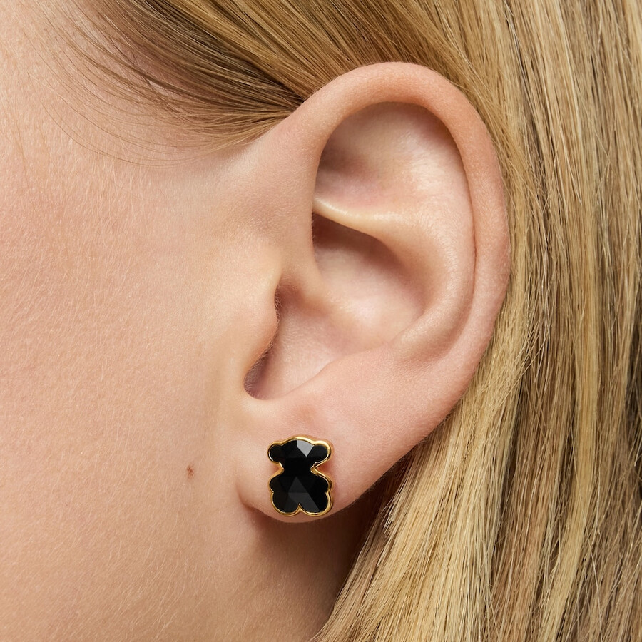 orecchini tous icon color placcati in oro 18kt da 10 mm su argento e onice con orso
