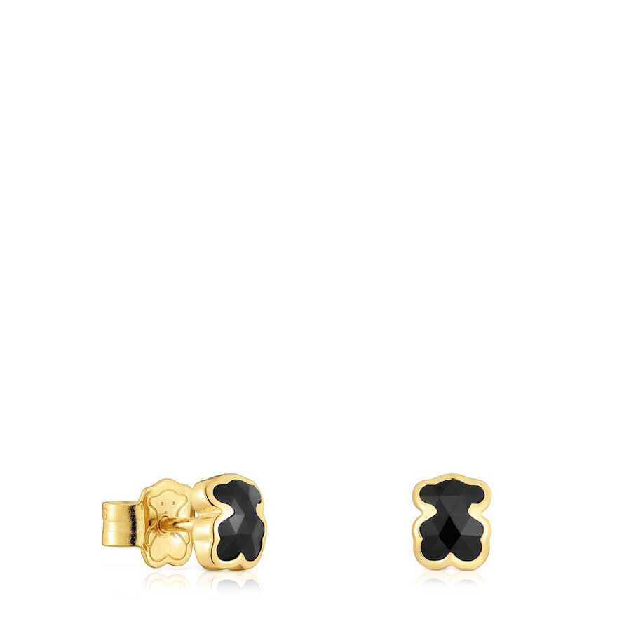 orecchini a forma di orso in argento placcato oro 18kt da 6 mm con onice tous icon color
