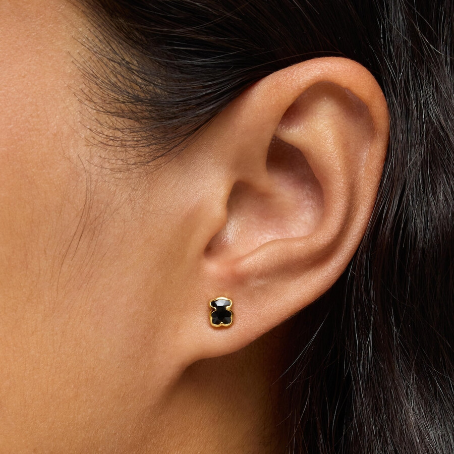 orecchini a forma di orso in argento placcato oro 18kt da 6 mm con onice tous icon color