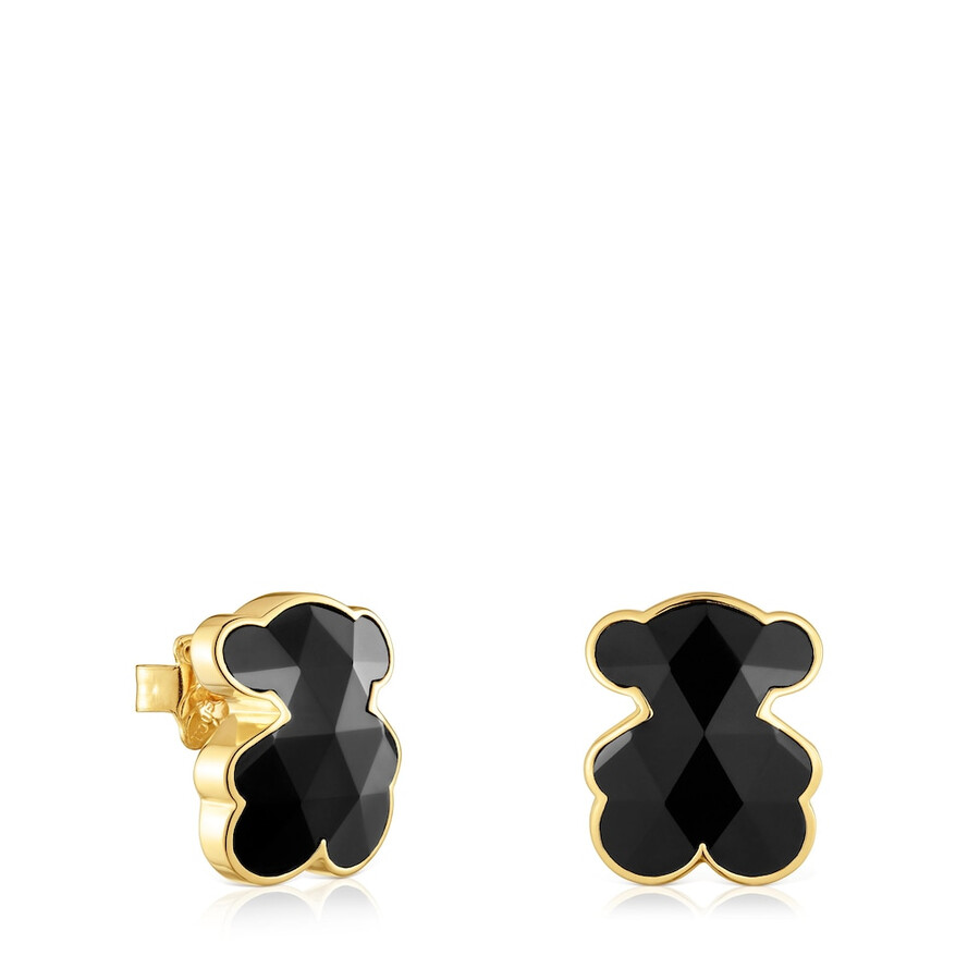 orecchini a forma di orso in argento placcato oro 18kt da 16 mm con onice tous icon color
