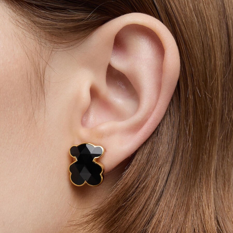 orecchini a forma di orso in argento placcato oro 18kt da 16 mm con onice tous icon color