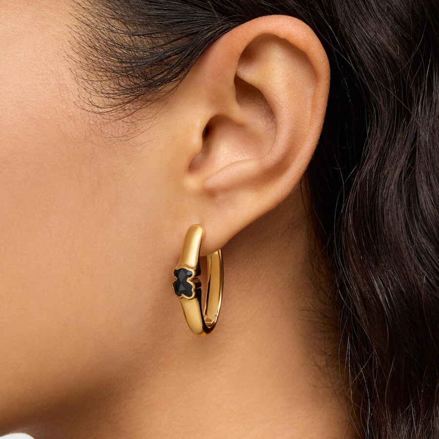 orecchini a cerchio in oro 18kt su argento da 26 mm con motivo a orso in onice tous icon color