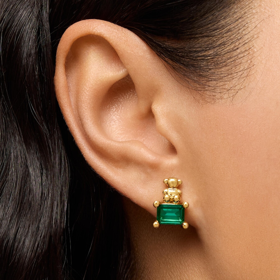 orecchini con motivo a orso placcato in oro 18 kt su argento con smeraldo coltivato in laboratorio bold bear lgg