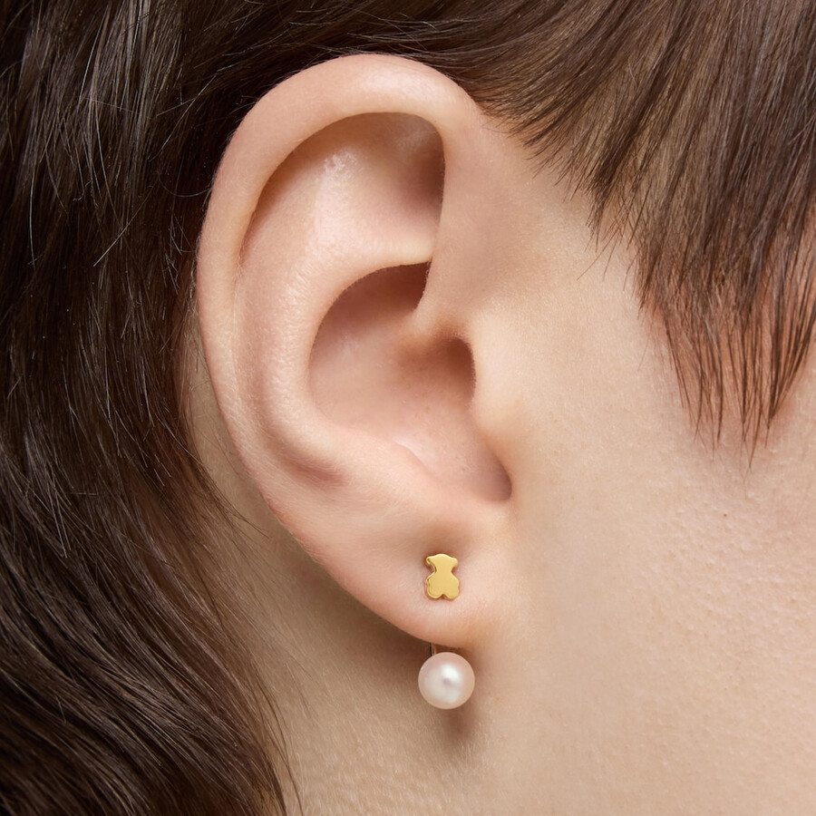 orecchino corto singolo a forma di orsetto in oro con perla coltivata sweet dolls