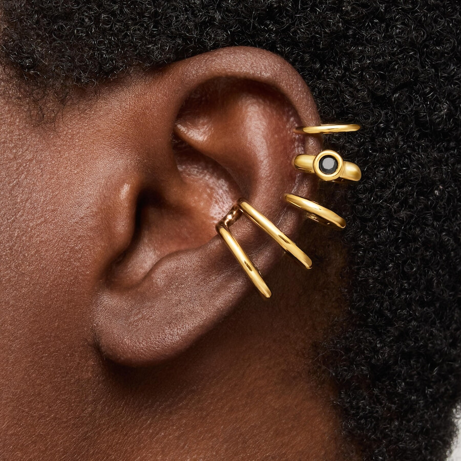 earcuff a 5 cerchi con placcatura in oro 18kt su argento e spinello nero tous line