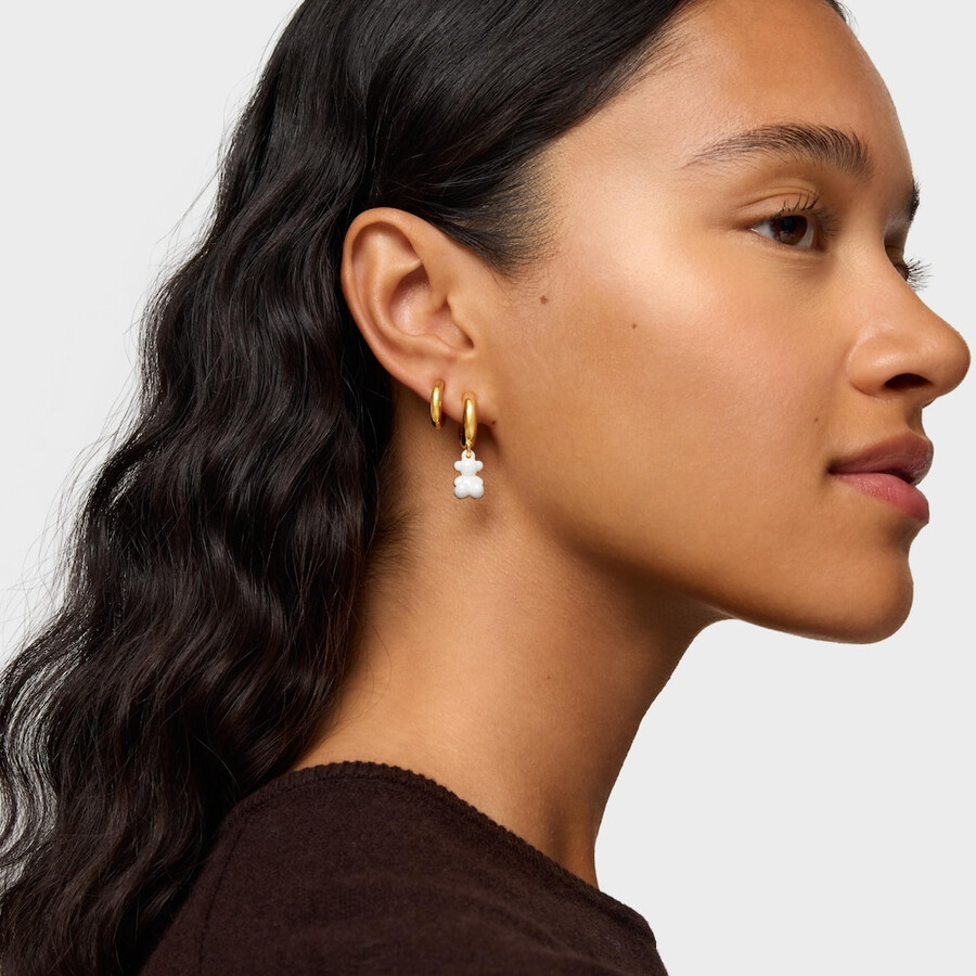orecchini a cerchio con placcatura in oro 18kt su argento ceramica bianca e doppio orso bold bear