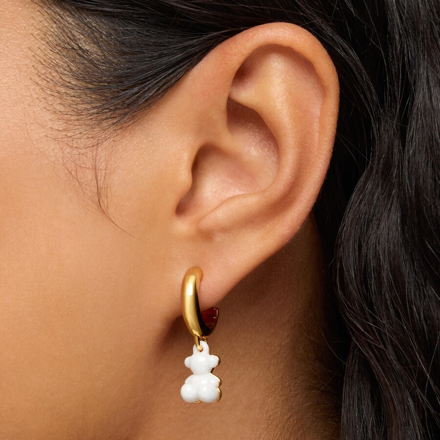 orecchini a cerchio con placcatura in oro 18kt su argento ceramica bianca e doppio orso bold bear
