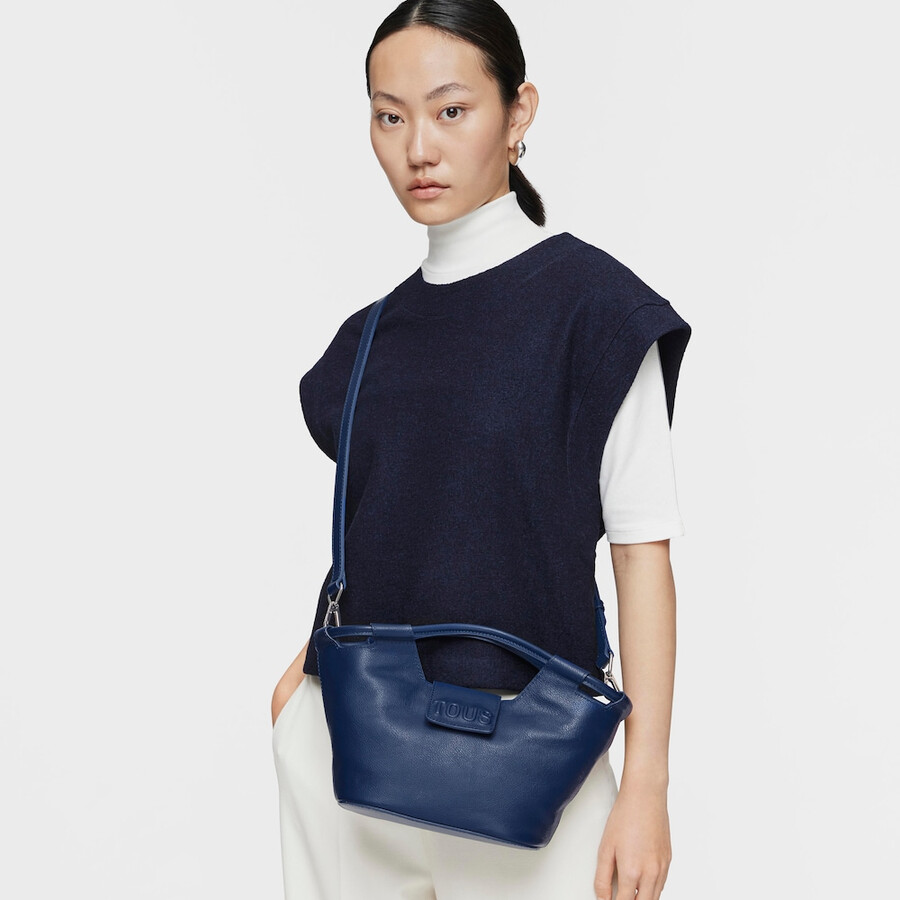 piccola borsa tote in pelle blu navy tous sun