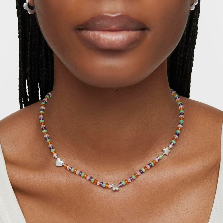 collana corta con pietre preziose e motivi in argento bold motif