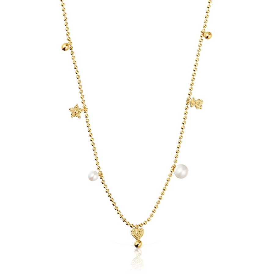 collana corta con placcatura in oro 18kt su argento perle coltivate e motivi tous grain