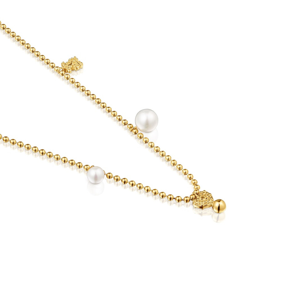 collana corta con placcatura in oro 18kt su argento perle coltivate e motivi tous grain