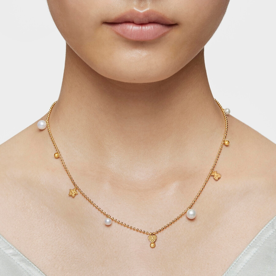 collana corta con placcatura in oro 18kt su argento perle coltivate e motivi tous grain