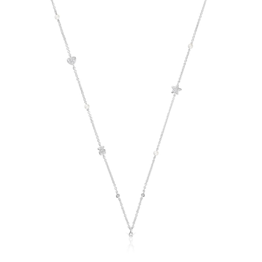 collana corta in oro bianco con diamanti perle coltivate e motivi tous grain