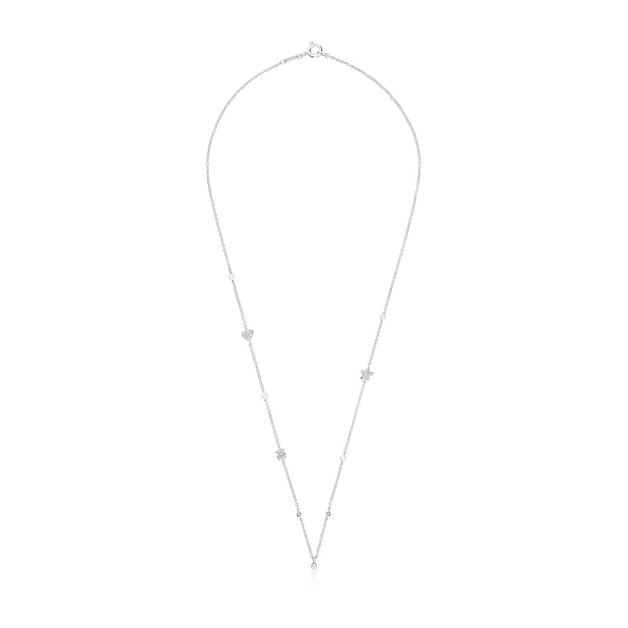 collana corta in oro bianco con diamanti perle coltivate e motivi tous grain