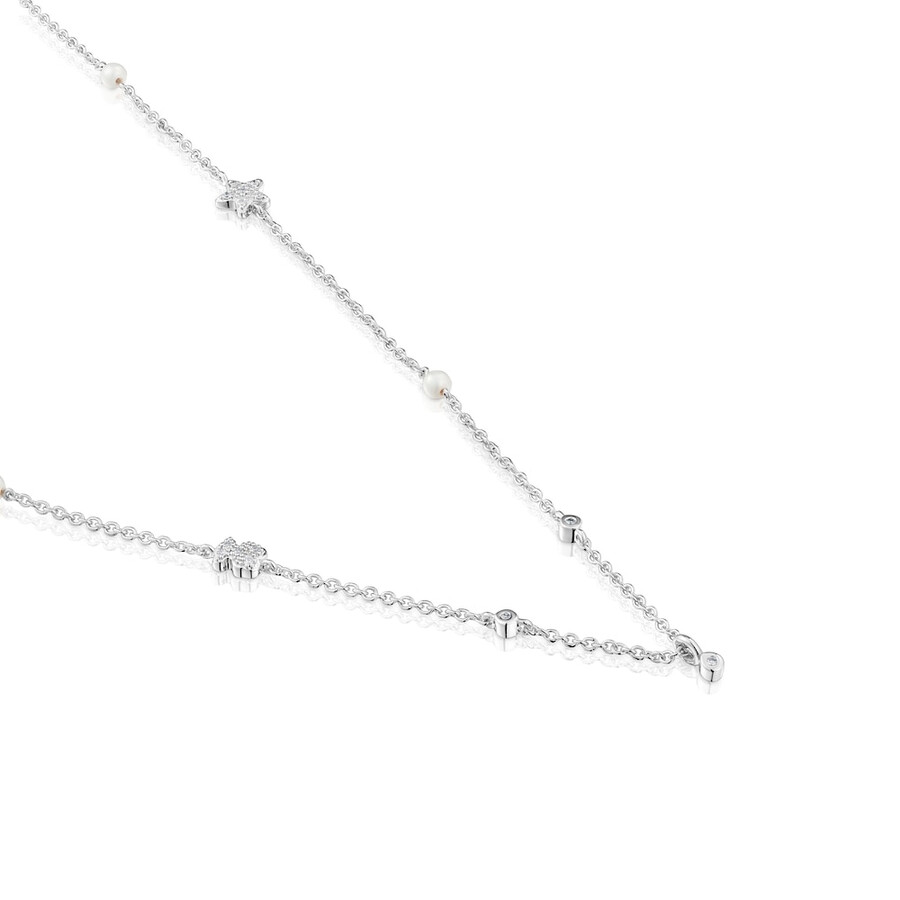 collana corta in oro bianco con diamanti perle coltivate e motivi tous grain