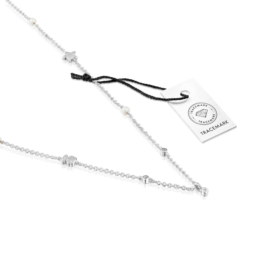 collana corta in oro bianco con diamanti perle coltivate e motivi tous grain