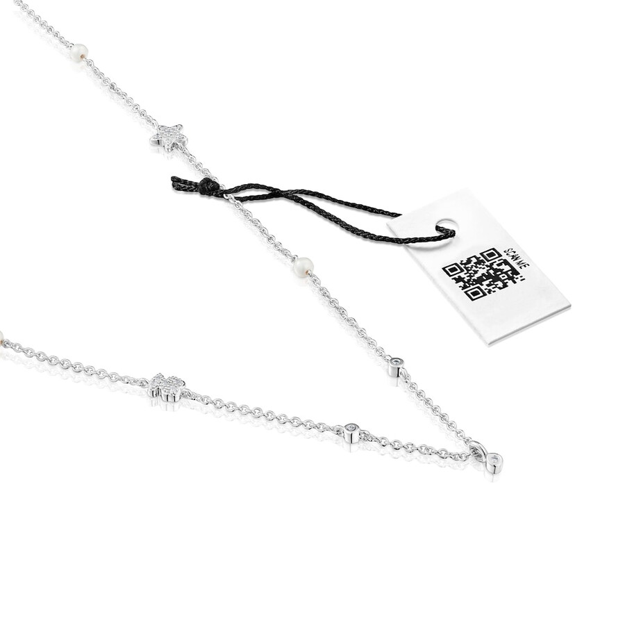 collana corta in oro bianco con diamanti perle coltivate e motivi tous grain