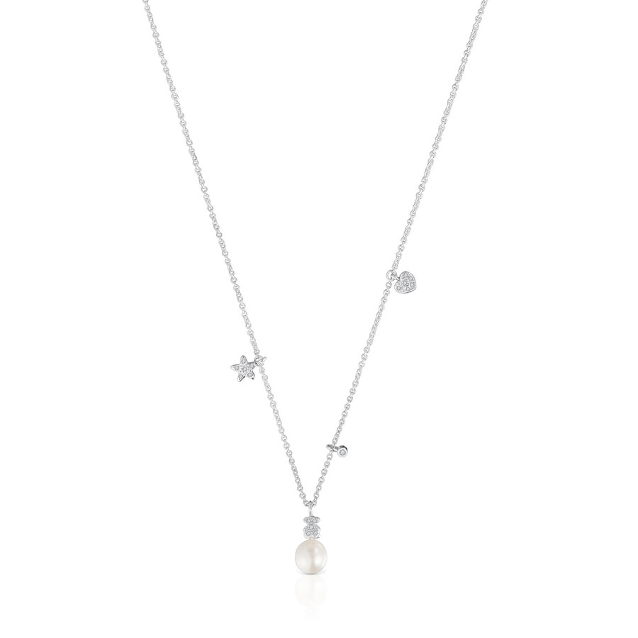 collana corta in oro bianco con diamanti perla coltivata e motivi tous grain