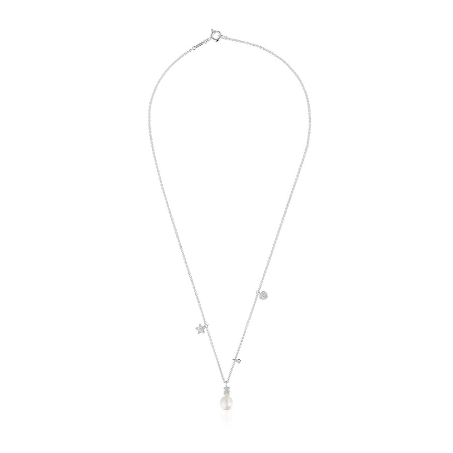 collana corta in oro bianco con diamanti perla coltivata e motivi tous grain