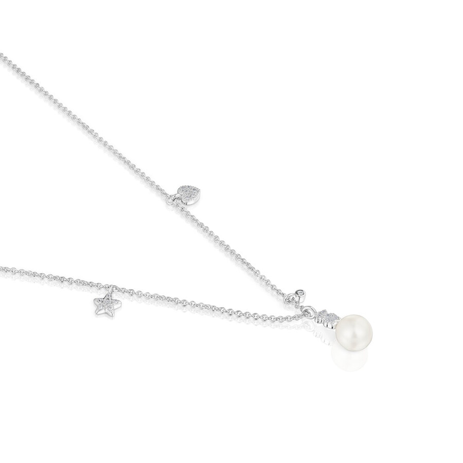 collana corta in oro bianco con diamanti perla coltivata e motivi tous grain
