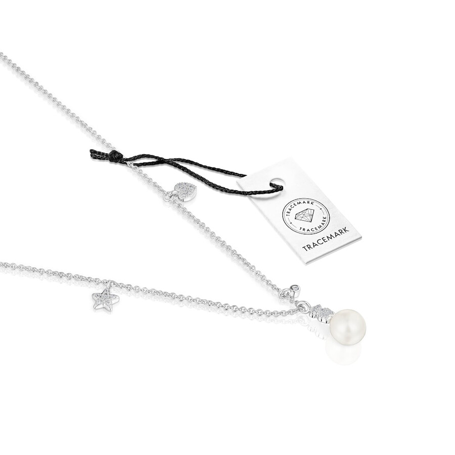 collana corta in oro bianco con diamanti perla coltivata e motivi tous grain