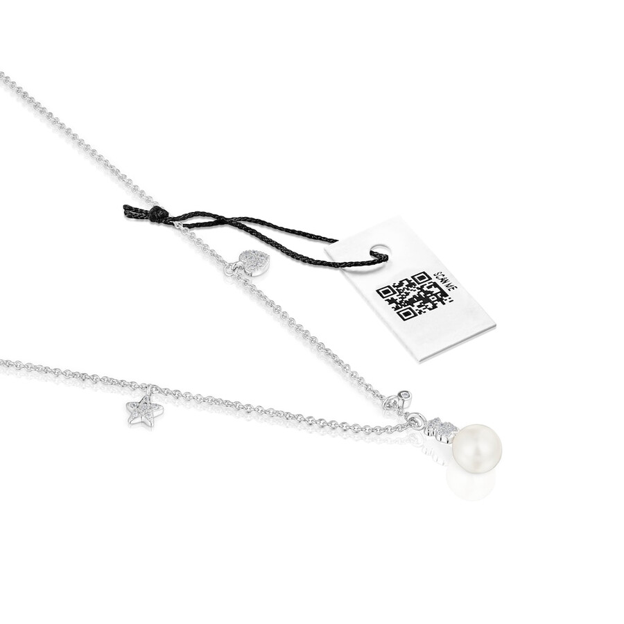 collana corta in oro bianco con diamanti perla coltivata e motivi tous grain
