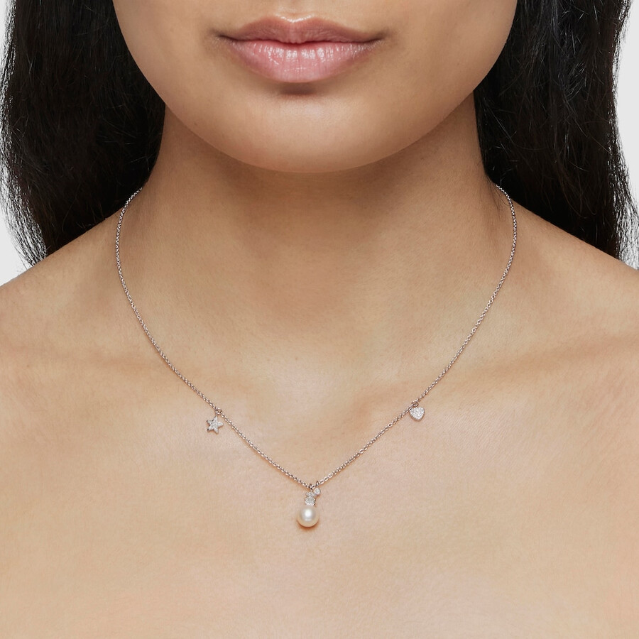 collana corta in oro bianco con diamanti perla coltivata e motivi tous grain