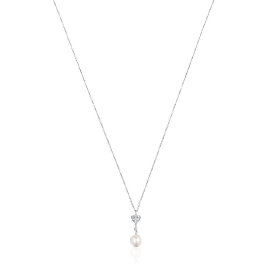 collana corta a forma di cuore in oro bianco con diamanti e perla coltivata tous grain