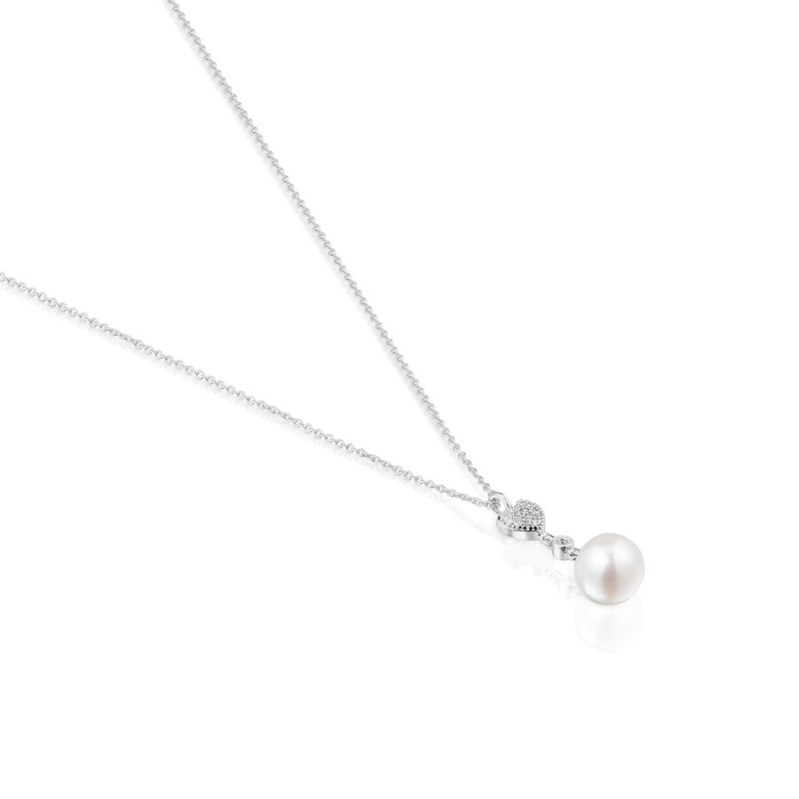 collana corta a forma di cuore in oro bianco con diamanti e perla coltivata tous grain
