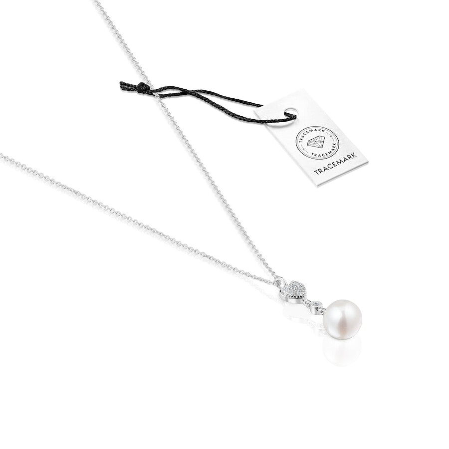 collana corta a forma di cuore in oro bianco con diamanti e perla coltivata tous grain