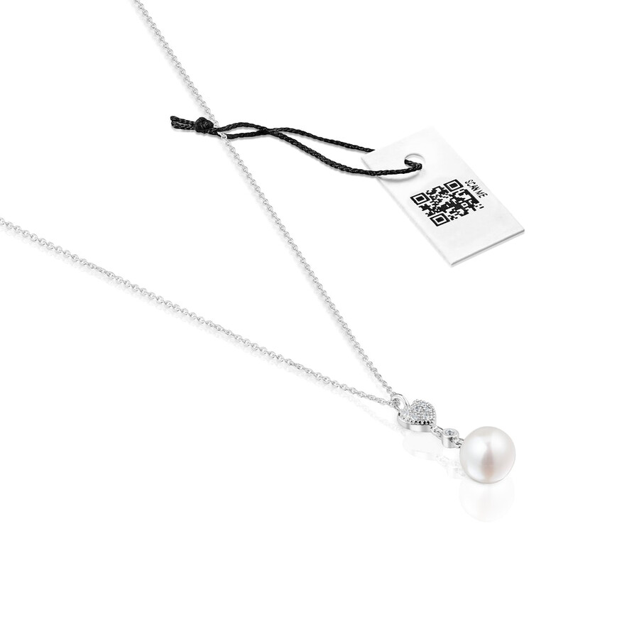 collana corta a forma di cuore in oro bianco con diamanti e perla coltivata tous grain