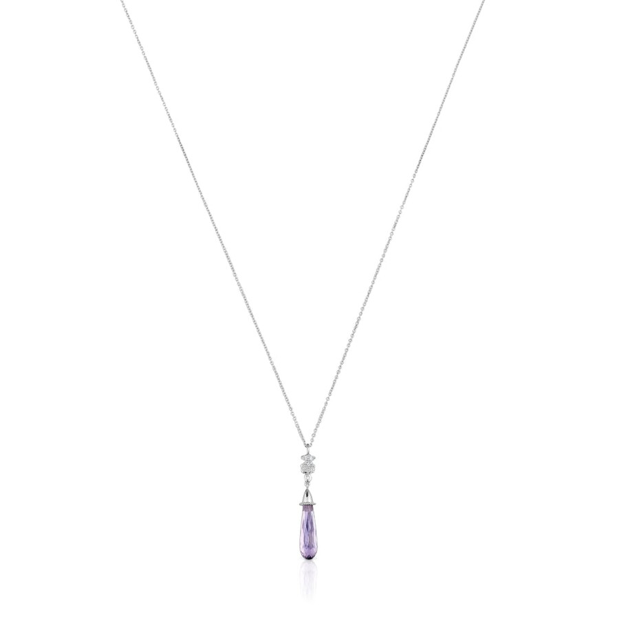 collana corta in oro bianco con diamanti e ametista tous grain