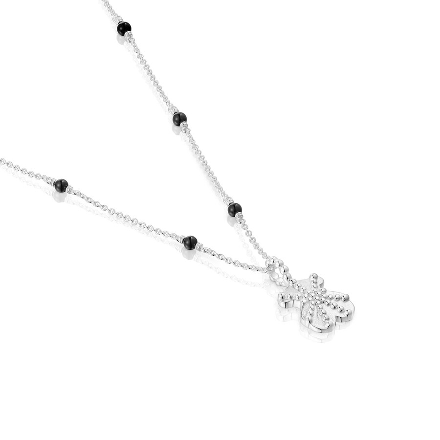 collana corta in argento e onice con ciondolo a forma di orso tous grain