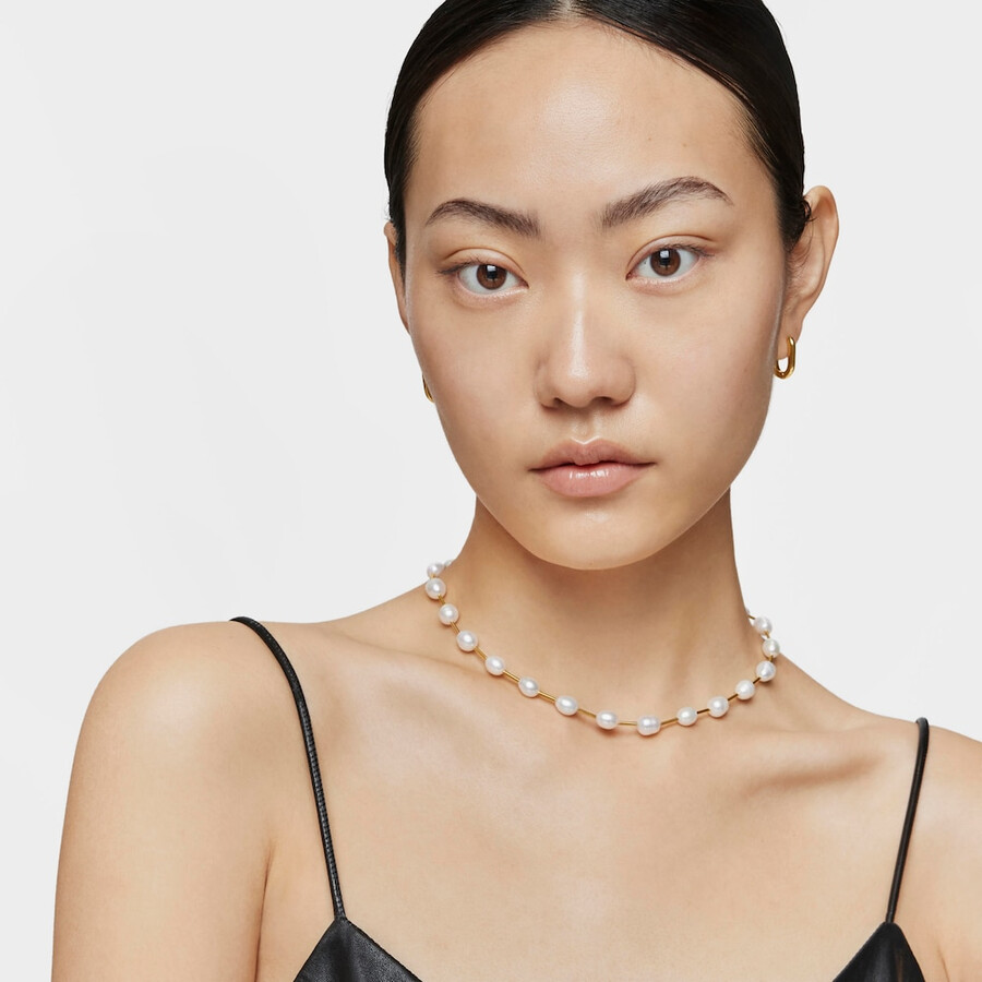 girocollo a tubo con placcatura in oro 18kt su argento e perle coltivate gloss