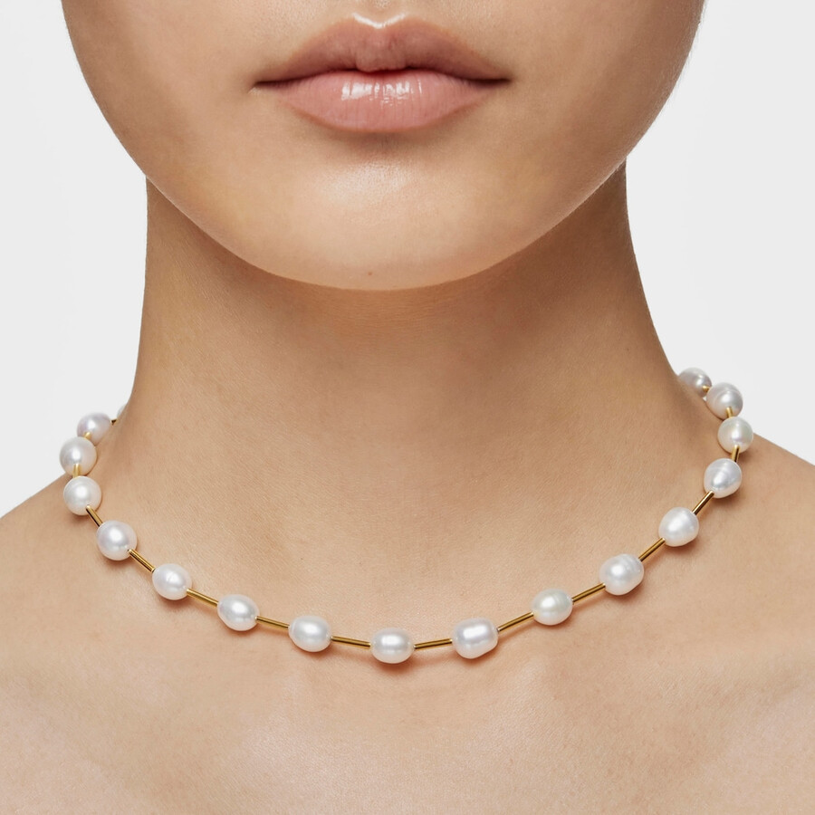 girocollo a tubo con placcatura in oro 18kt su argento e perle coltivate gloss