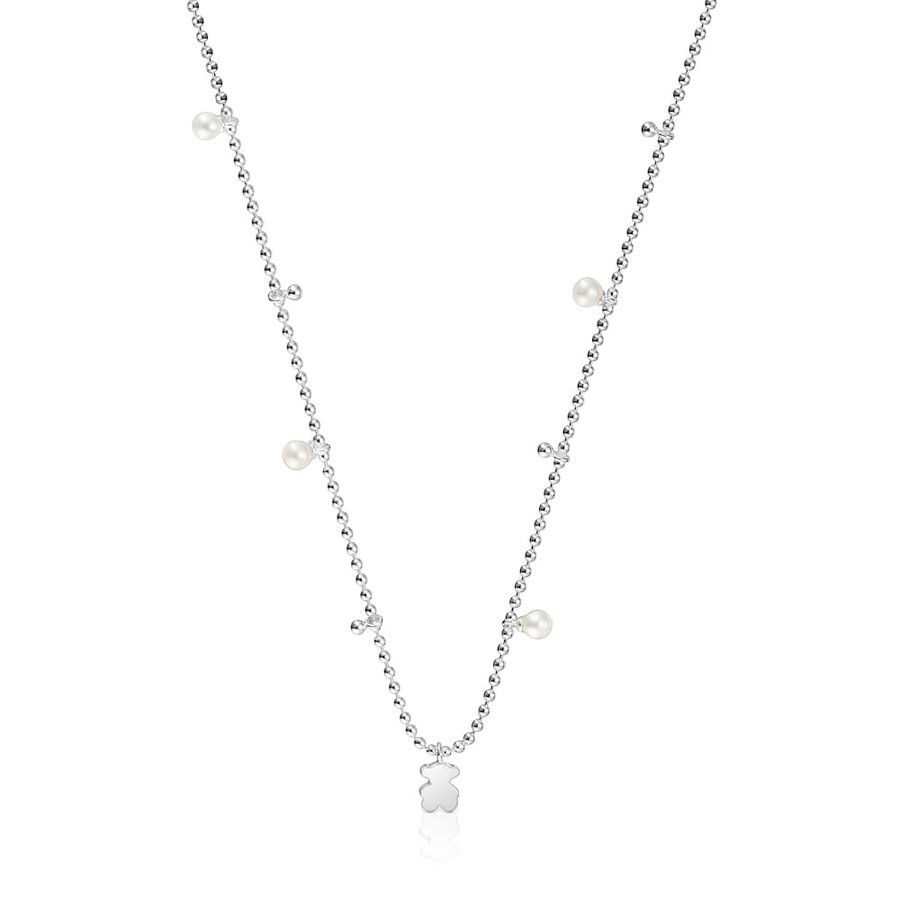 collana corta in argento con perle coltivate e ciondolo a forma di orsetto sweet dolls