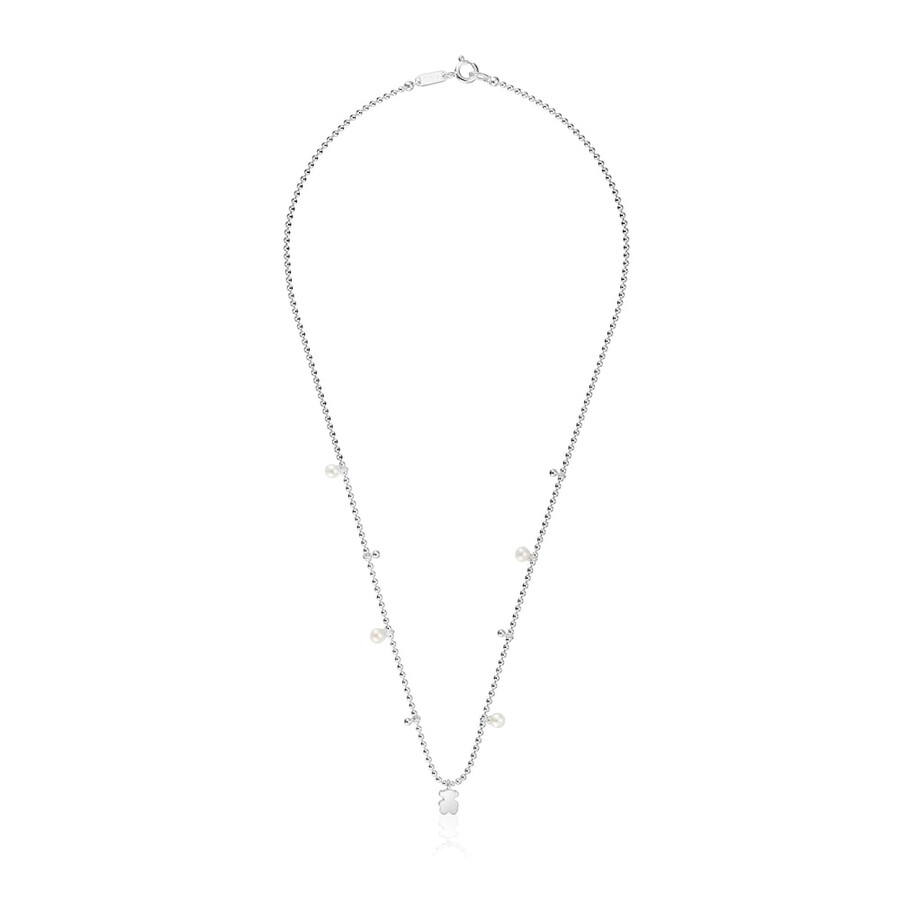 collana corta in argento con perle coltivate e ciondolo a forma di orsetto sweet dolls