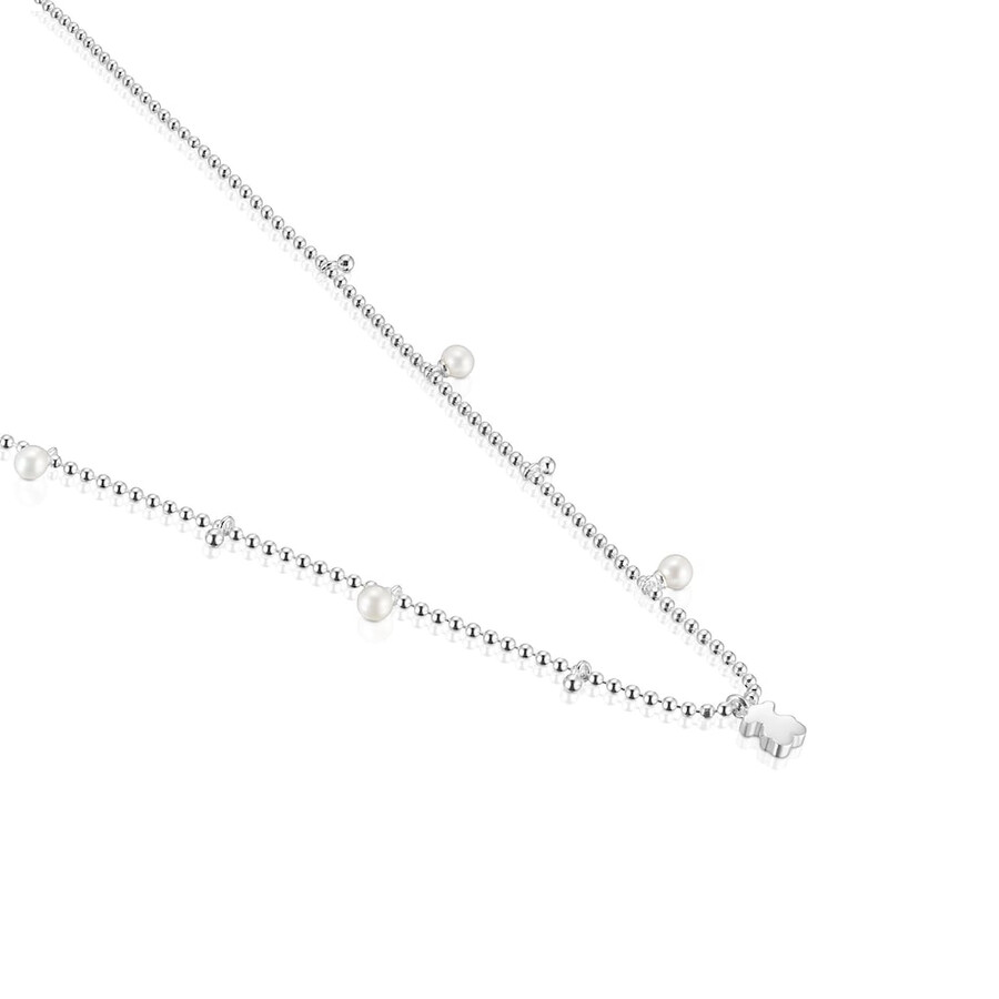 collana corta in argento con perle coltivate e ciondolo a forma di orsetto sweet dolls