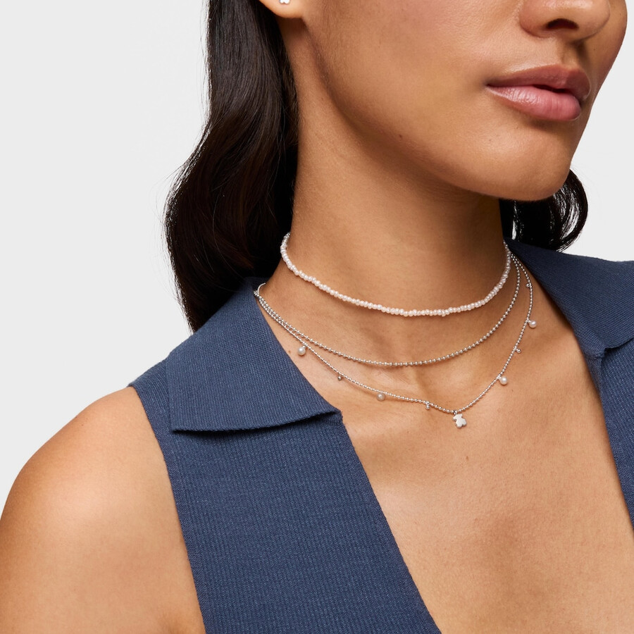 collana corta in argento con perle coltivate e ciondolo a forma di orsetto sweet dolls