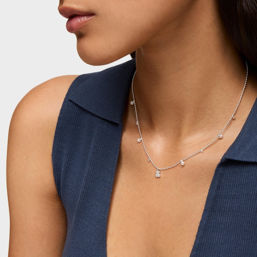 collana corta in argento con perle coltivate e ciondolo a forma di orsetto sweet dolls