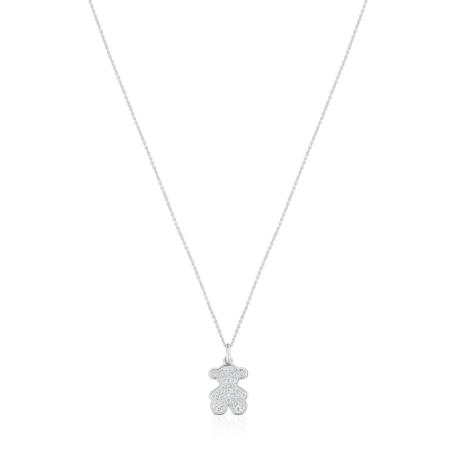 collana corta a forma di orso in oro bianco da 16 mm con diamanti icon gems