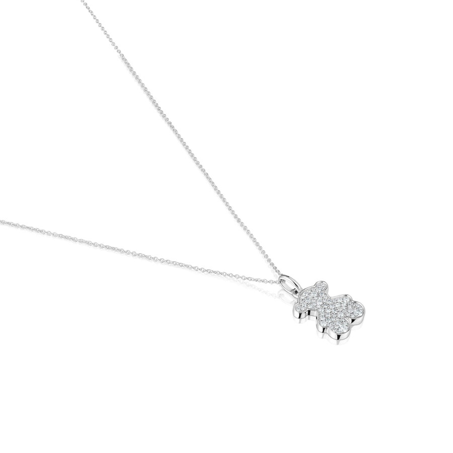 collana corta a forma di orso in oro bianco da 16 mm con diamanti icon gems