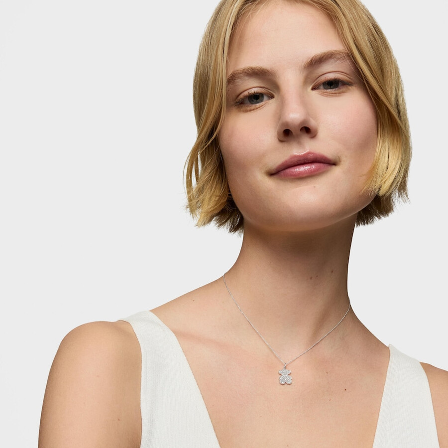 collana corta a forma di orso in oro bianco da 16 mm con diamanti icon gems