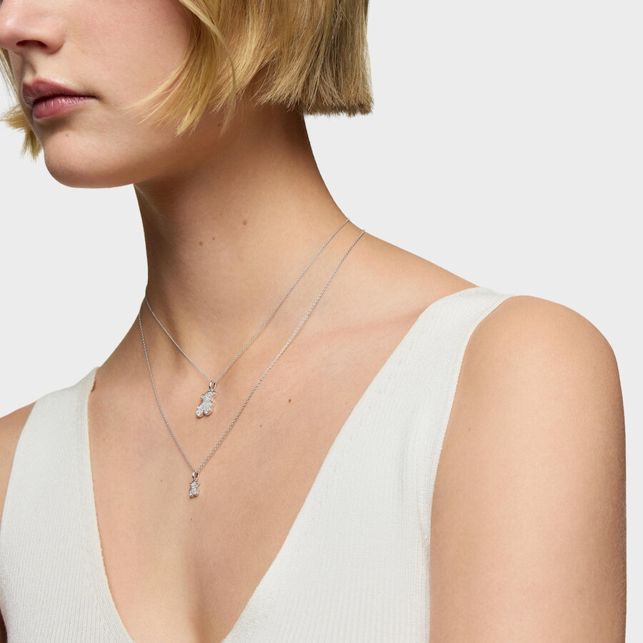 collana corta a forma di orso in oro bianco da 16 mm con diamanti icon gems