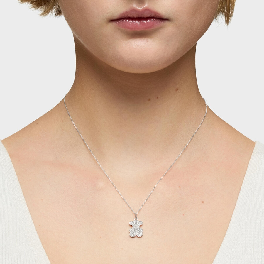 collana corta a forma di orso in oro bianco da 16 mm con diamanti icon gems