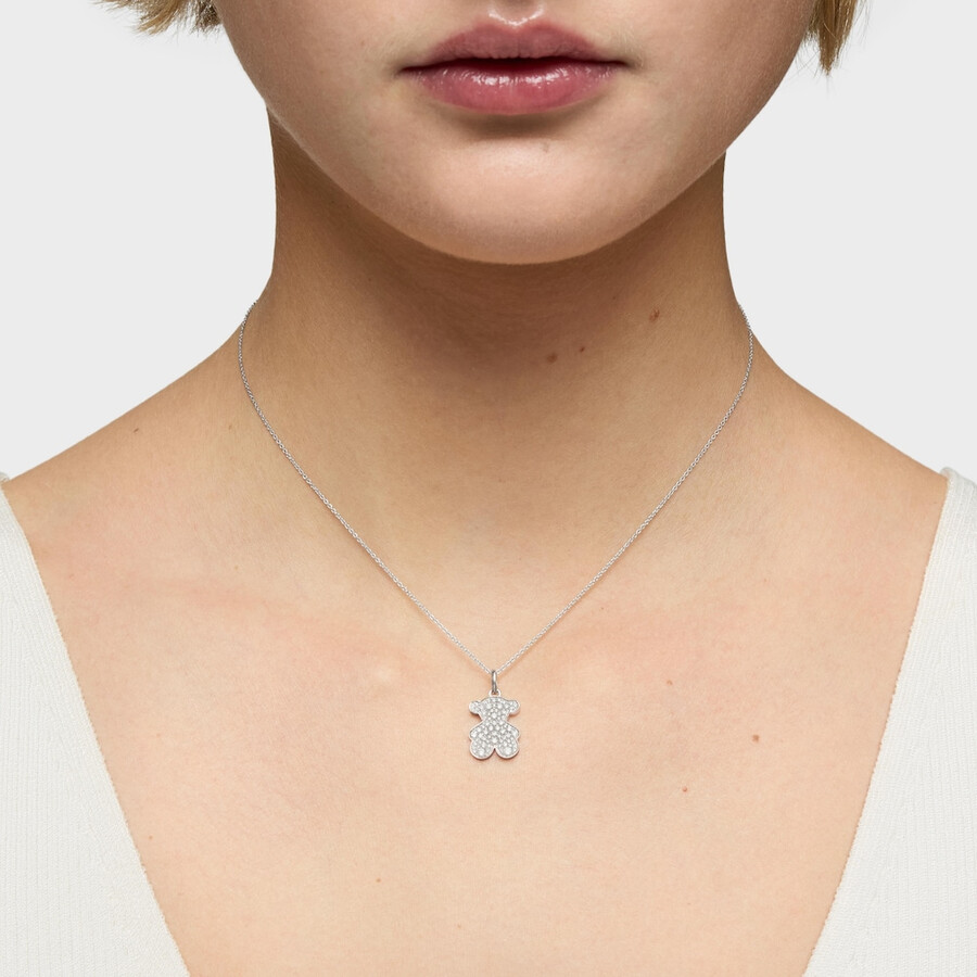 collana corta a forma di orso in oro bianco da 16 mm con diamanti icon gems