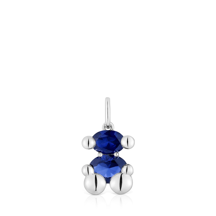 piccolo ciondolo in argento con motivo a orso e zaffiro blu coltivato in laboratorio color bear lgg